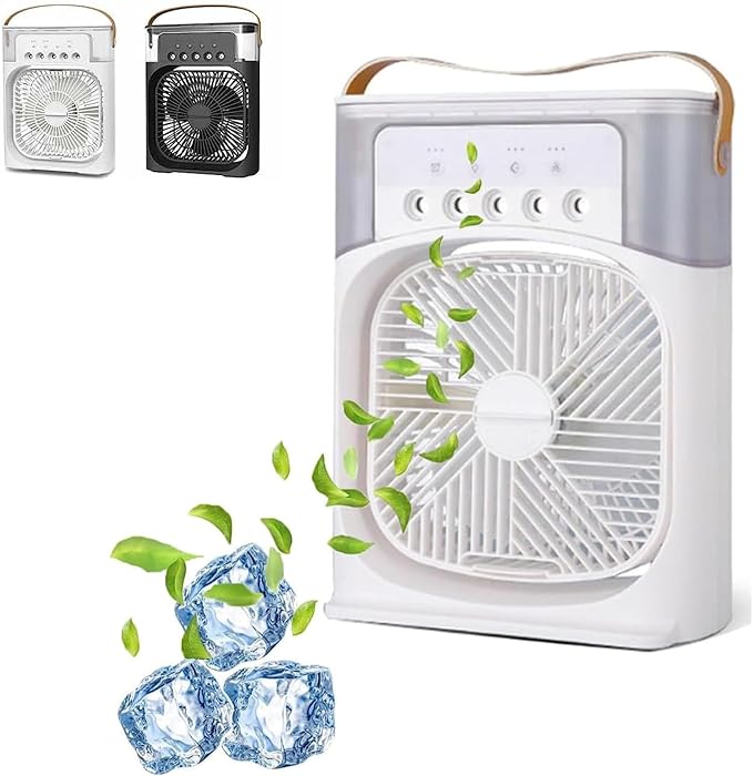 Portable Air Cooler Fan with Handle, Personal Desktop Cooling Fan with Ice/Water Tank, 3 Speeds & Mist Spray Humidifier for Home, Office, and Outdoor Travel